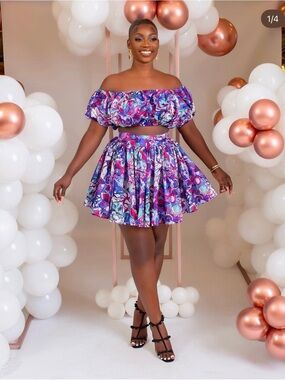 Floral Off-Shoulder Two-Piece Skirt Set - Purple Print